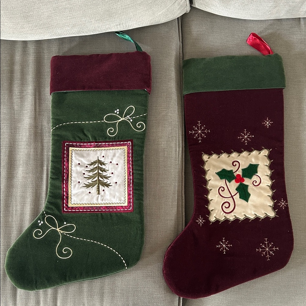 Velvet Green and Burgundy Holiday Stockings